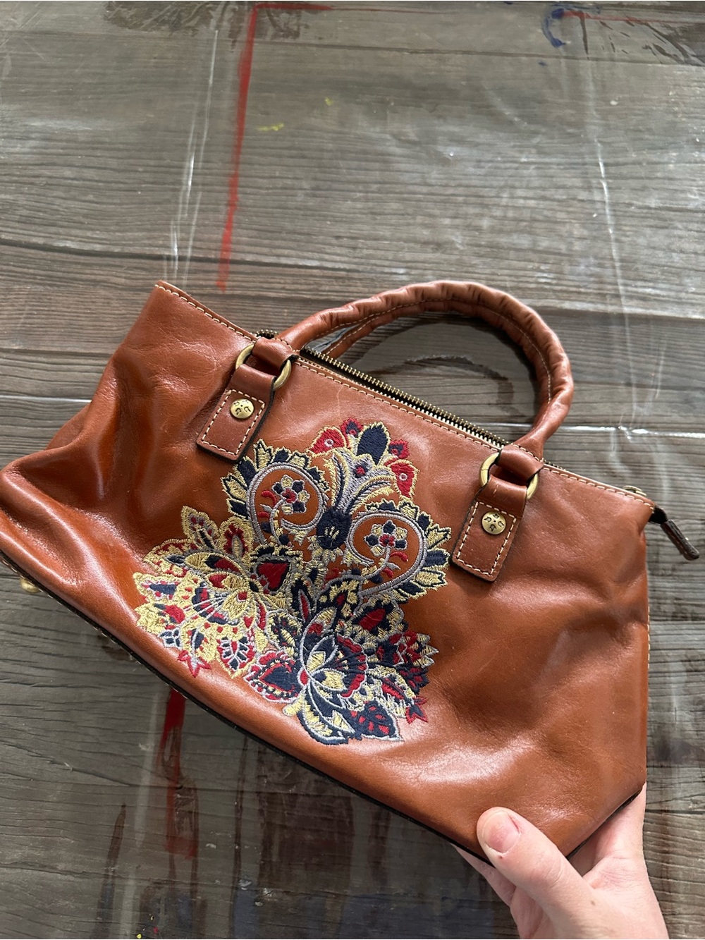 Patricia Nash Brown Leather Satchel with Multicolor Floral Embroidery